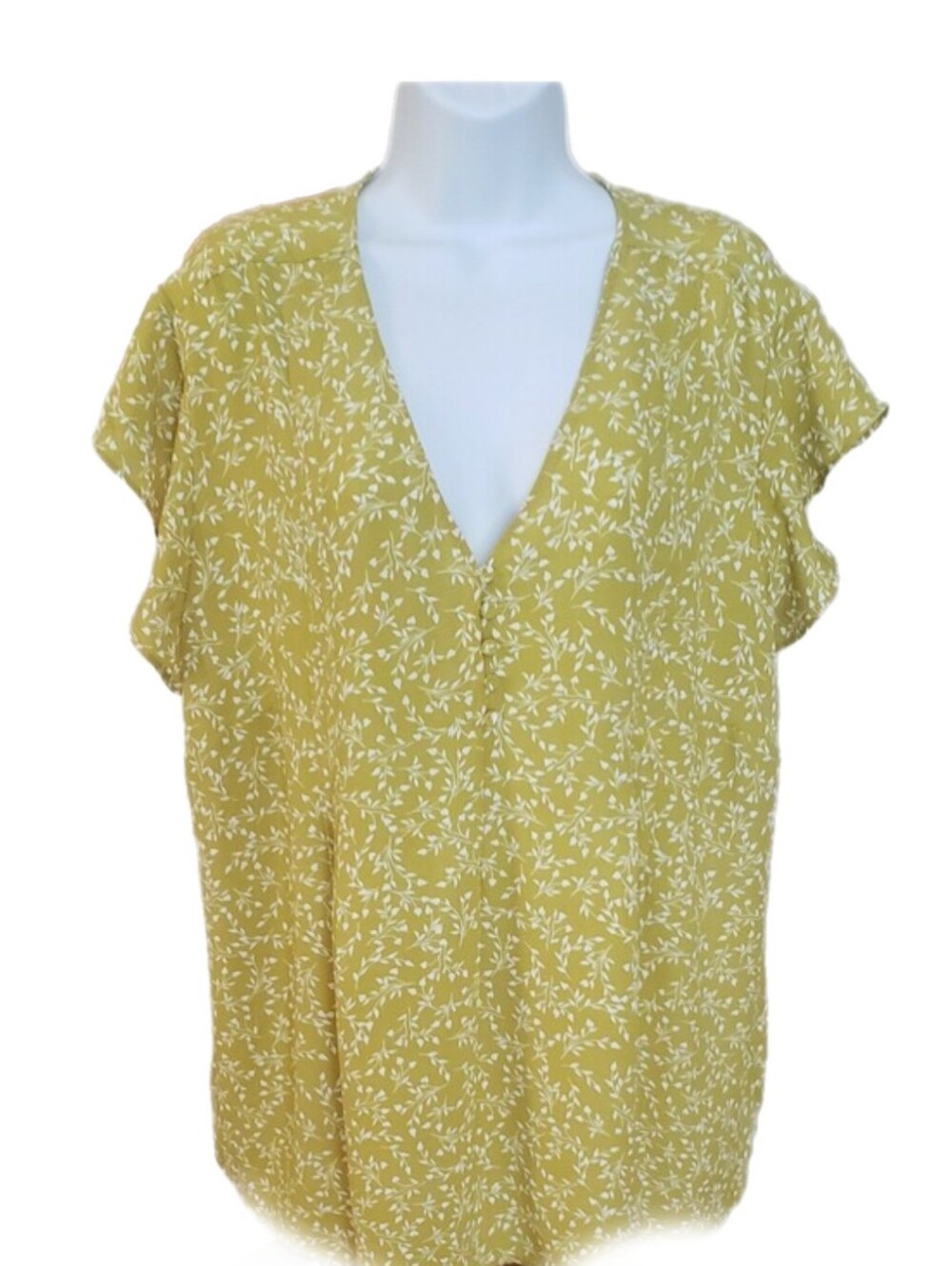 Cynthia Rowley, Women's Yellowish Green Floral V-Neck Top, 2X